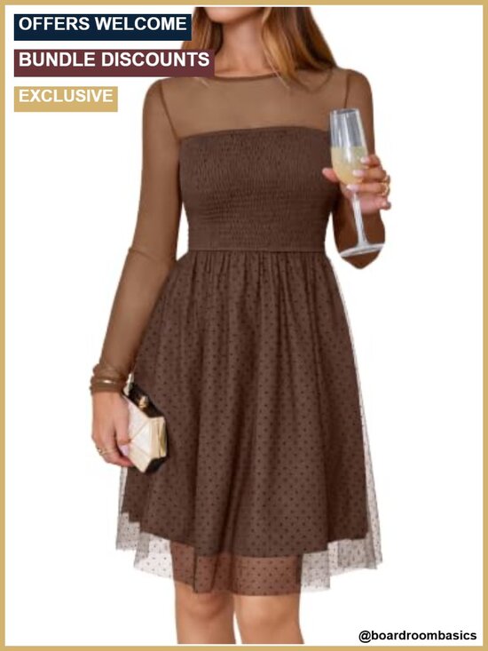 Dresses & Skirts - Sheer Mesh Flocked Dot A-Line Mini Cocktail Dress Long Sleeve Smocked Semi